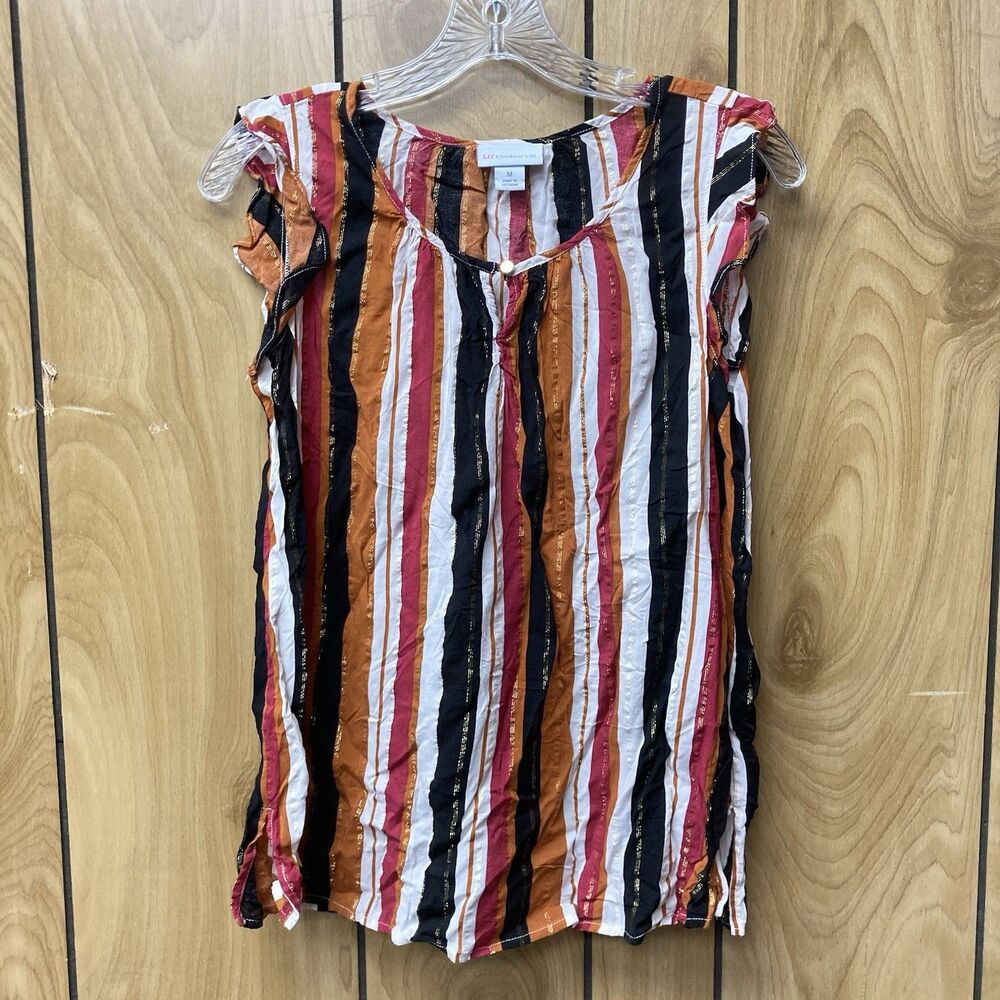LIZ CLAIBORNE multicolor striped ruffled sleeves keyhole rayon top M